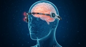 Illustration of a human head with a visible brain and a futuristic AI headset representing a brain-computer interface concept in neurotechnology