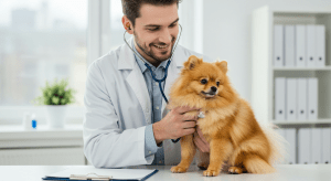 Caring Checkup Veterinarian Examining a Pomeranian