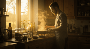 Man Cooking Dinner in Warm Sunset Kitchen