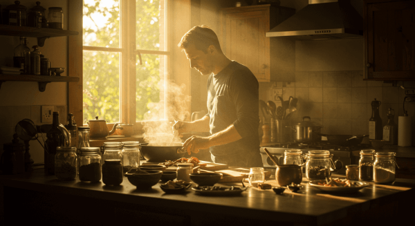 Man Cooking Dinner in Warm Sunset Kitchen_1