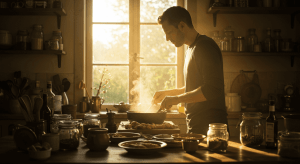 Man Cooking Dinner in Warm Sunset Kitchen_2
