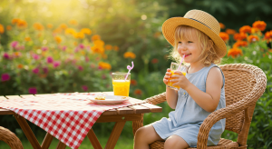 little-girl-drinking-orange-juice-garden-summer